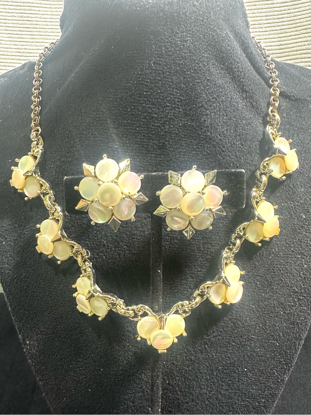 Vtg MOP - Mother of Pearl Necklace & Screw Back Earring Set